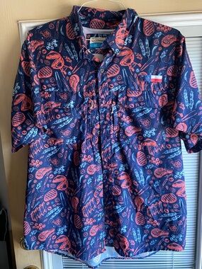 Men's Navy Short-Sleeve Button Shirt with Coral and Light Blue Print